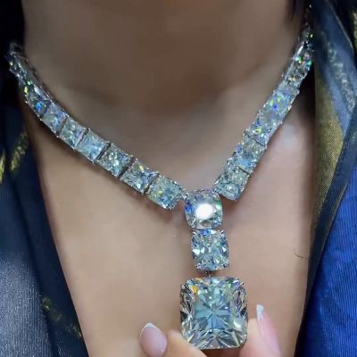 98ctw Cushion Cut White Sapphire Luxury Handmade Necklace