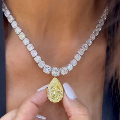 45ctw Cushion Cut White Sapphires & Pear Cut Yellow Sapphires Handmade Pendant Rivière Necklace