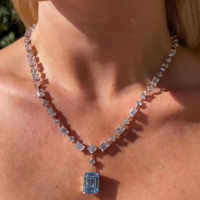 48ctw Emerald Cut Aquamarine Pendant With Multi-Shape Cut White Sapphire Chain Handmade Necklace