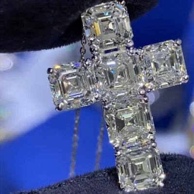 7ctw Asscher Cut White Sapphire Cross Handmade Necklace