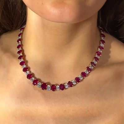 60ctw Oval Cut Ruby & Zircon Handmade Rivière Necklace