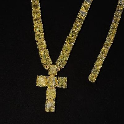 30ct cushion cut yellow Zircon cross sterling silver plated gold handmade necklace