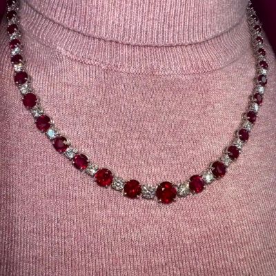 20ct Round Cut Ruby and Zircon Sterling Silver Necklace