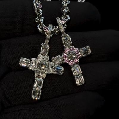 30ct Emerald Cut Zircon Cross Design Luxury Sterling Silver Handmade Necklace