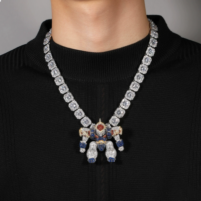 Hip-hop cartoon dragon warrior three-dimensional robot pave full pendant necklace