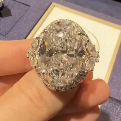 21.5ct Oval Cut White Zircon Paved Vintage Engagement Ring