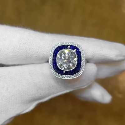 3.4ct Cushion Cut White Zircon Alongside Sapphires Vintage Engagement Ring