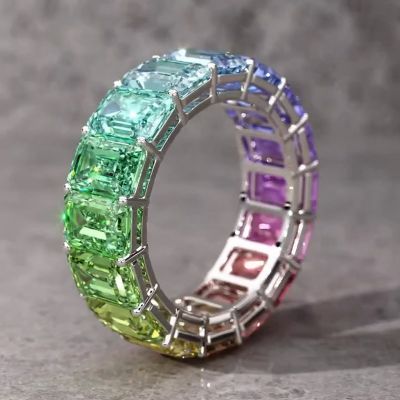 Emerald Cut Rainbow Sapphire Eternity Wedding Band