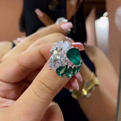 4.5ct Heart & Pear Cut Emerald & White Sapphire Toi Et Moi Sterling Silver Engagement Ring