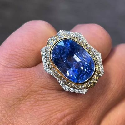 7ct Oval Cut Blue Sapphire Halo Paved Royal Handmade Sterling Silver Ring In Yellow Gold