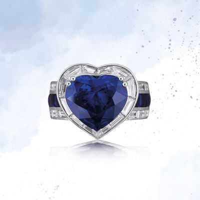 3.5ct Heart Cut Blue Sapphire With Baguette Zircon Handmade Ring