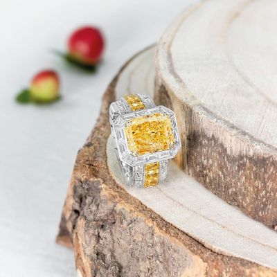 4.5ct Radiant Cut Fancy Yellow Sapphire With Baguette Zircon Handmade Ring
