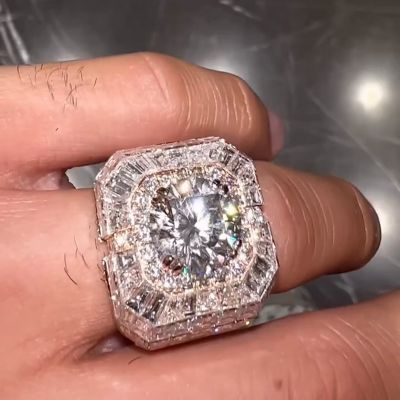 5ct Round Cut White Sapphire Halo With  Banquette Cut Setting Chandelier Men's Ring In Rose Gold