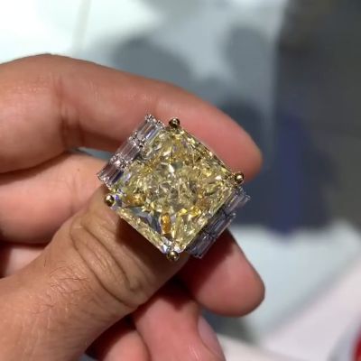 13.5ct Radiant Cut Yellow Sapphire With Emerald Cut White Sapphire Two-Tone Men's Ring