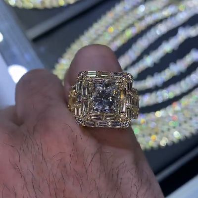 5ct Princess Cut With Emerald Cuts All Around White Sapphire Yellow Gold Men's Ring