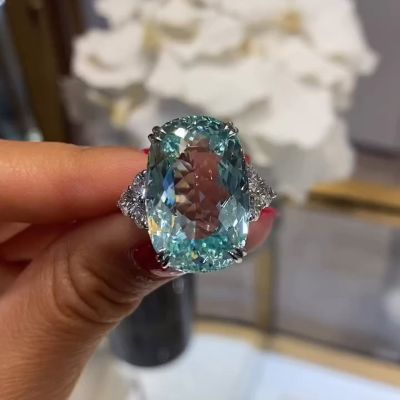 14ct Cushion Cut Aquamarine Flanked By Round Cut White Sapphires Handmade Cocktail Ring