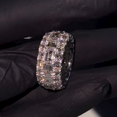 Emerald and Round Cut White Moissanite Eternity Mens Wedding Ring