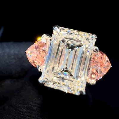 7ct Emerald Cut White Sapphire Flanked By 2 Heart Cut Pink Sapphire Handmade Ring