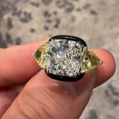 6ct Cushion Cut White Sapphire Flanked By 2ct Triangular Yellow Sapphire Handmade Engagement Ring