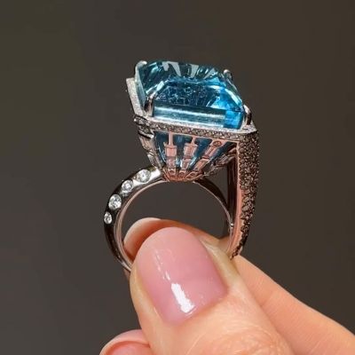 37ct Emerald Cut Aquamarine Halo Paved Unique Design Handmade Cocktail Ring
