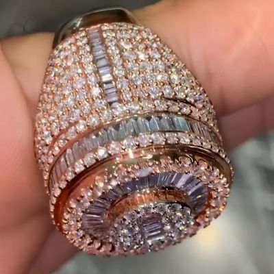 10.7ct Baguette and Round Cut White Moissanite Rose Gold Handmade Men's Ring