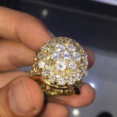 Round Cut White Sapphire Pave Set Yellow Gold Vintage Style Men's Ring