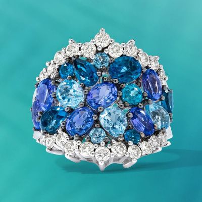 5ctw Round & Oval Cut Blue Sapphires Sea Wave Handmade Ring