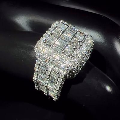 15ctw Baguette and Round Cut White Sapphire Luxury Handmade Men's Ring
