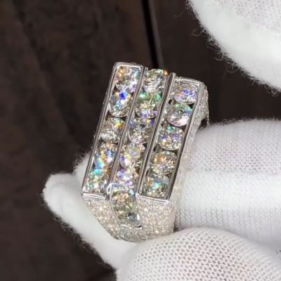 15ctw Round Cut White Moissanite Three-Row Unique Design Handmade Men's Ring