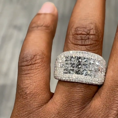 5ct Princess Cut White Moissanite Invisible Setting Handmade Men's Ring