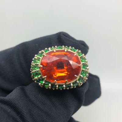 8ct Oval Cut Orange Sapphire With Round Emeralds Handmade Yellow Gold Ring