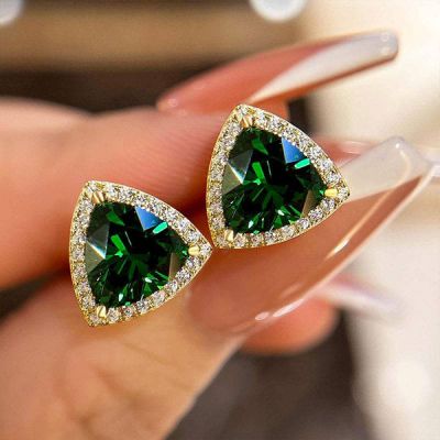 5ct Elegant Yellow Gold Trillion Cut Emerald Green Earrings In Sterling Silver