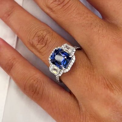 4ct Halo Three-Stone Cushion Cut Sapphire Ring