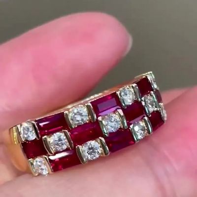 6.75ct Emerald Cut Two-stone Ruby Sapphire Eternity Ring