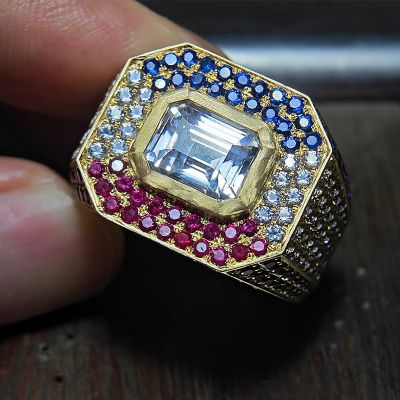 4ct Emerald Cut Multi-color Sapphire Ring for Men