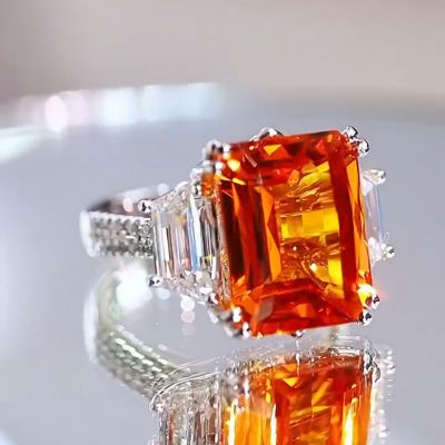 9.88ct Emerald Cut Amber Zircon Sterling Silver Wedding Ring