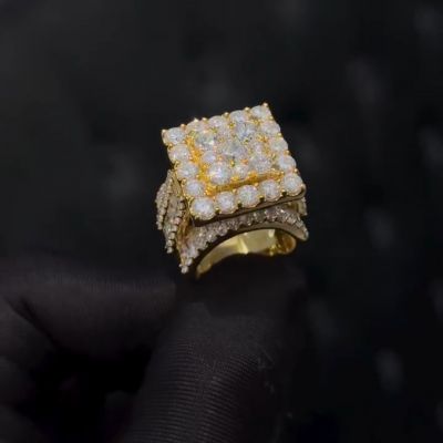 18ct round cut white Zircon sterling silver plated gold handmade men's ring