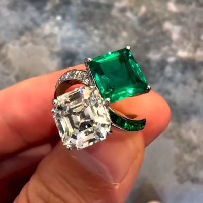4.5ct Asher cut white Zircon and 3.92ct Emerald cut green Zircon sterling silver handmade wedding ring