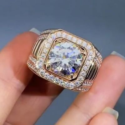 8ct round cut Zircon luxury handmade sterling silver plated yellow gold men's ring