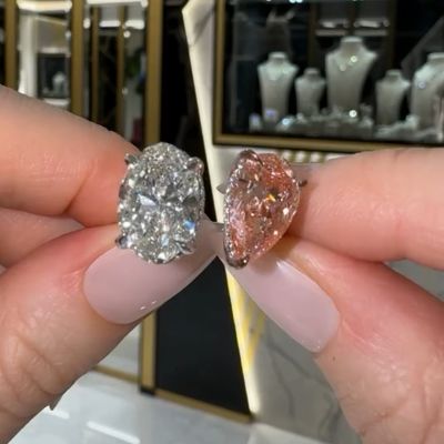 8ct oval cut white Zircon and pear cut pink Zircon double center stone sterling silver handmade engagement ring