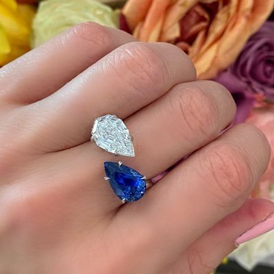 8ct Pear-Shaped White Zircon and Sapphire Double Center Stone Sterling Silver Handmade Engagement Ring