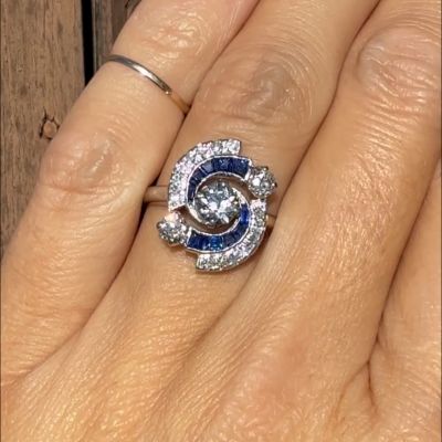 3.5ct Round Cut Zircon and Sapphire Hurricane Eye Sterling Silver Handmade Wedding Ring