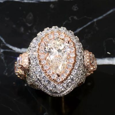 18ct pear cut pink and white Zircon sterling silver plated rose gold handmade luxury men's ring