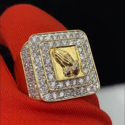 Zircon inlaid hands clasped engraved sterling silver plated gold handmade ring