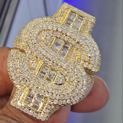 Zircon dollar sign design sterling silver plated yellow gold handmade ring