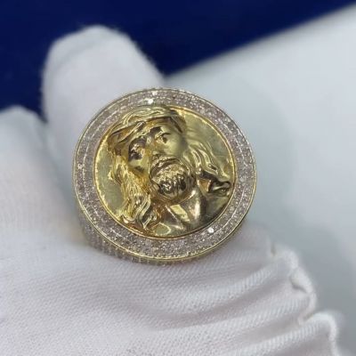 30ct Zircon inlaid Jesus design sterling silver plated gold handmade ring
