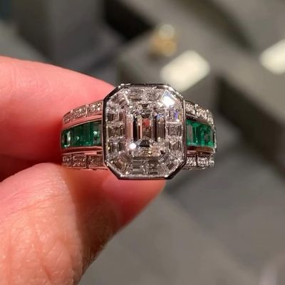 6ct Emerald Cut Zircon and Emerald Sterling Silver Handmade Ring