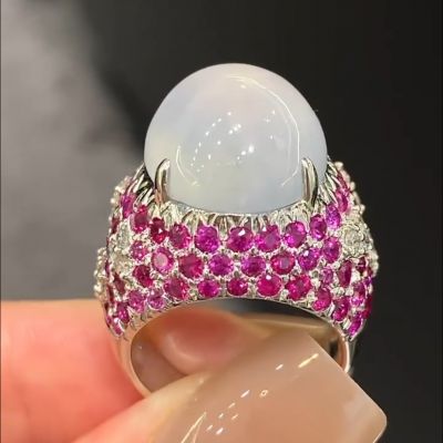 12ct Spherical Cut White Crystal and Ruby Handmade Sterling Silver Ring