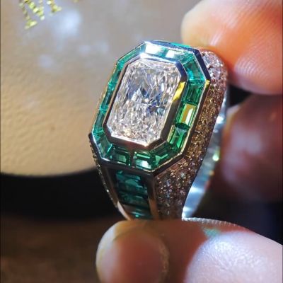 6ct Princess Cut Zircon and Emerald Handmade Sterling Silver Ring