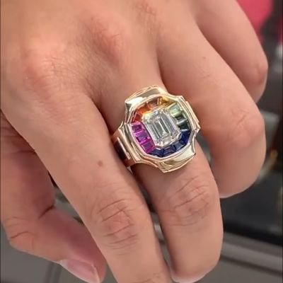 6ct cushion-cut Zircon and colored Zircon handmade sterling silver plated yellow gold ring